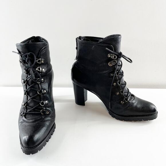Stuart Weitzman Heeled Leather Ankle Combat Boots Booties Black 7.5 - Picture 1 of 9